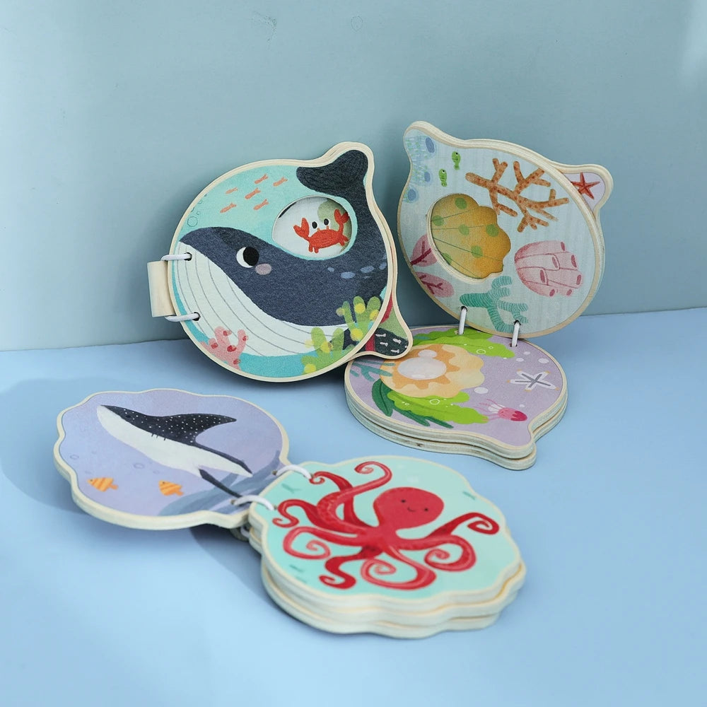 Baby Wooden Book Early Educational Toys Enlightenment Readings Montessori Marine Animals Illustration Cognitive Book for Toddler
