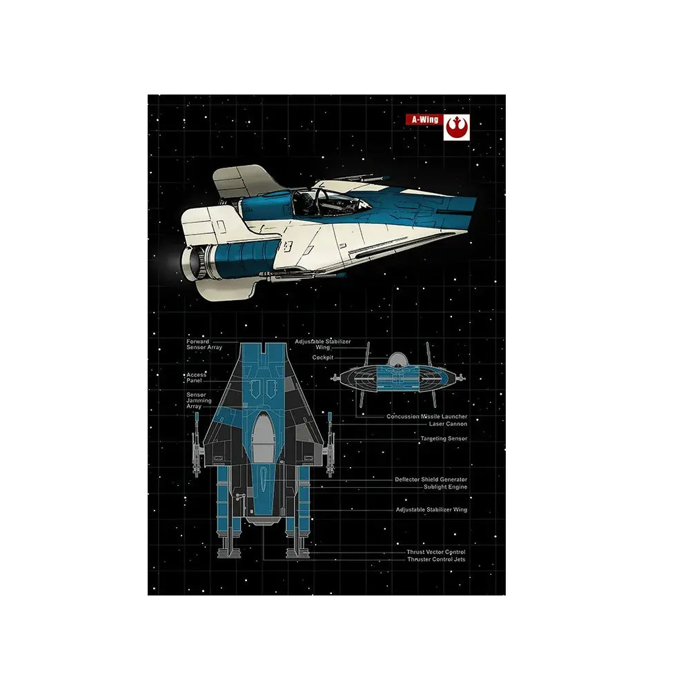 A-Wing starfighter blueprint art print with technical schematics, perfect for sci-fi home decor or gifts