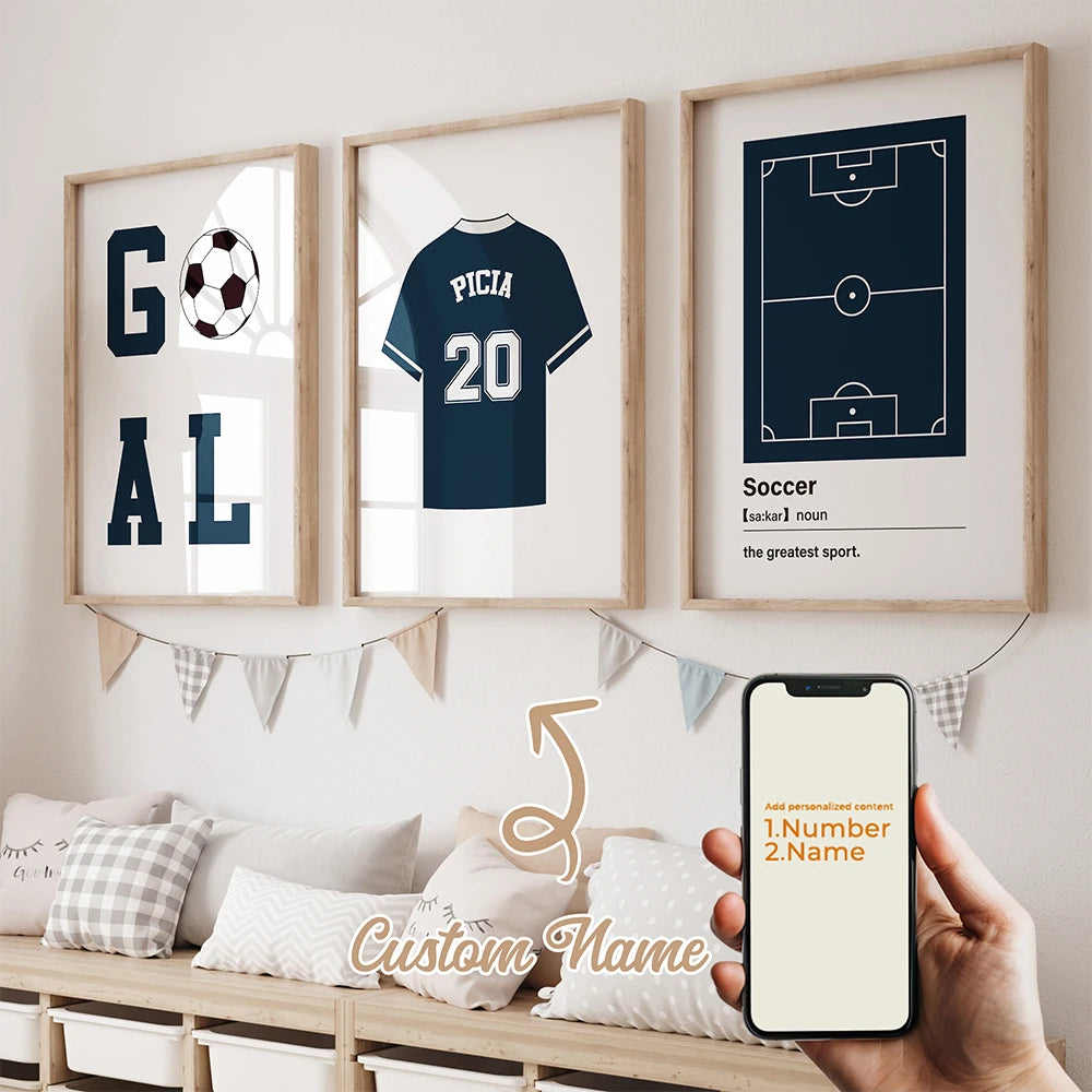 3pcs Personalized Custom Name Cartoon football Wall Art Print Picture Canvas Poster Painting For Living Room Home Decor