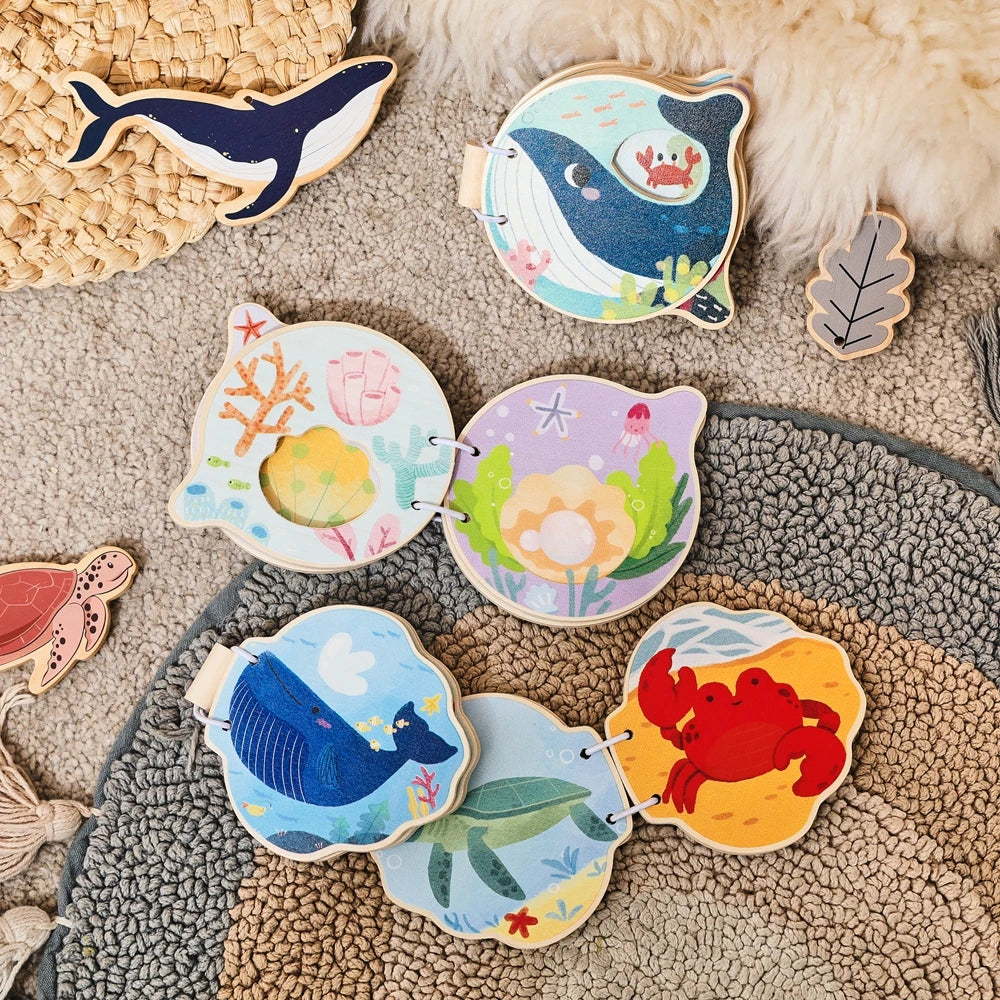 Baby Wooden Book Early Educational Toys Enlightenment Readings Montessori Marine Animals Illustration Cognitive Book for Toddler