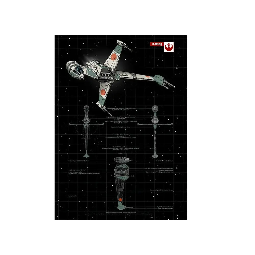 B-Wing starfighter blueprint art print with technical schematics, perfect for sci-fi home decor or gifts