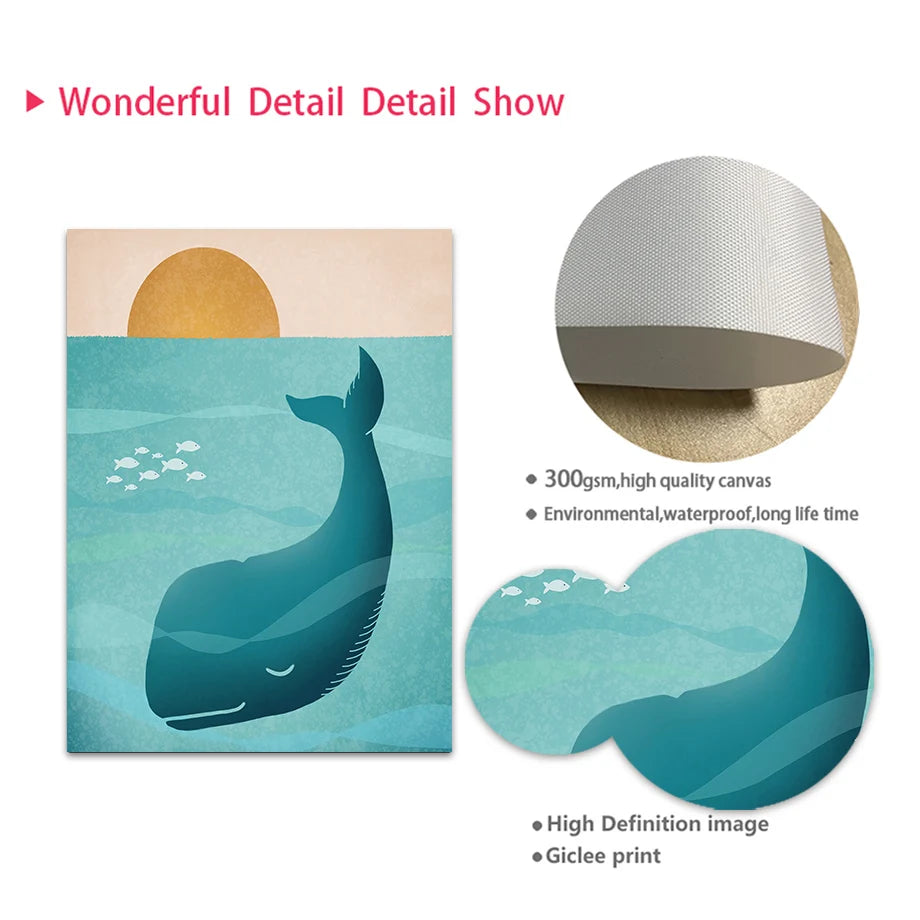 Blue Ocean Sun Fish Whale Lighthouse Nursery Wall Art Canvas Painting Posters And Prints Wall Pictures Baby Room Bedroom Decor