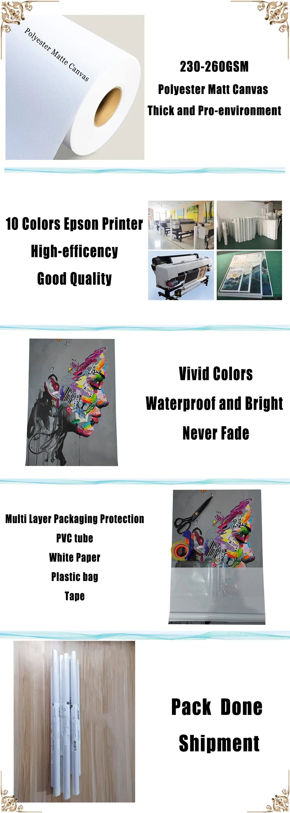 Polyester matte canvas roll, vivid waterproof art prints, eco-friendly, packaged for shipment