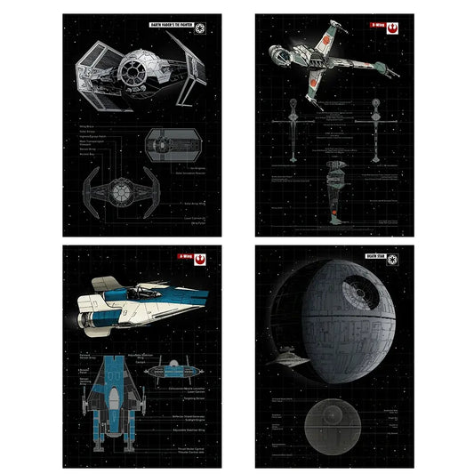 Star Wars spaceship blueprints: TIE Fighter, X-Wing, A-Wing, Death Star — digital art prints for fans