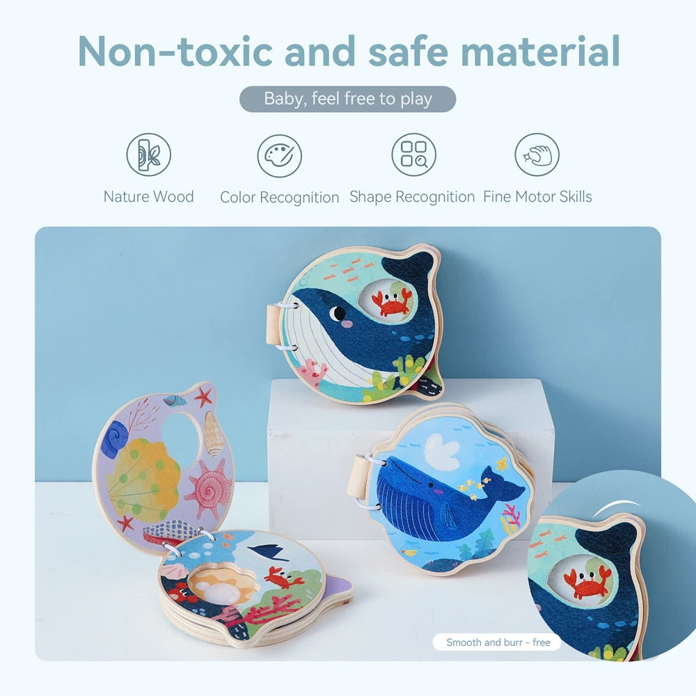 Baby Wooden Book Early Educational Toys Enlightenment Readings Montessori Marine Animals Illustration Cognitive Book for Toddler