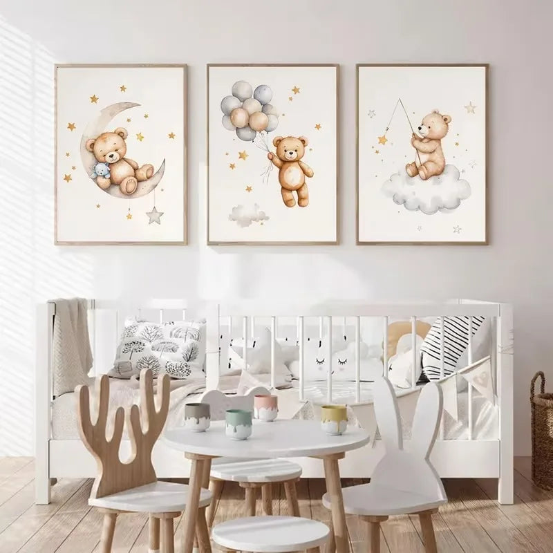 3pcs/set Bohemian Style Teddy Bear Animal Nursery Canvas Poster Stars Cloud Bears Wall Art Prints Modern Living Room Home Decor