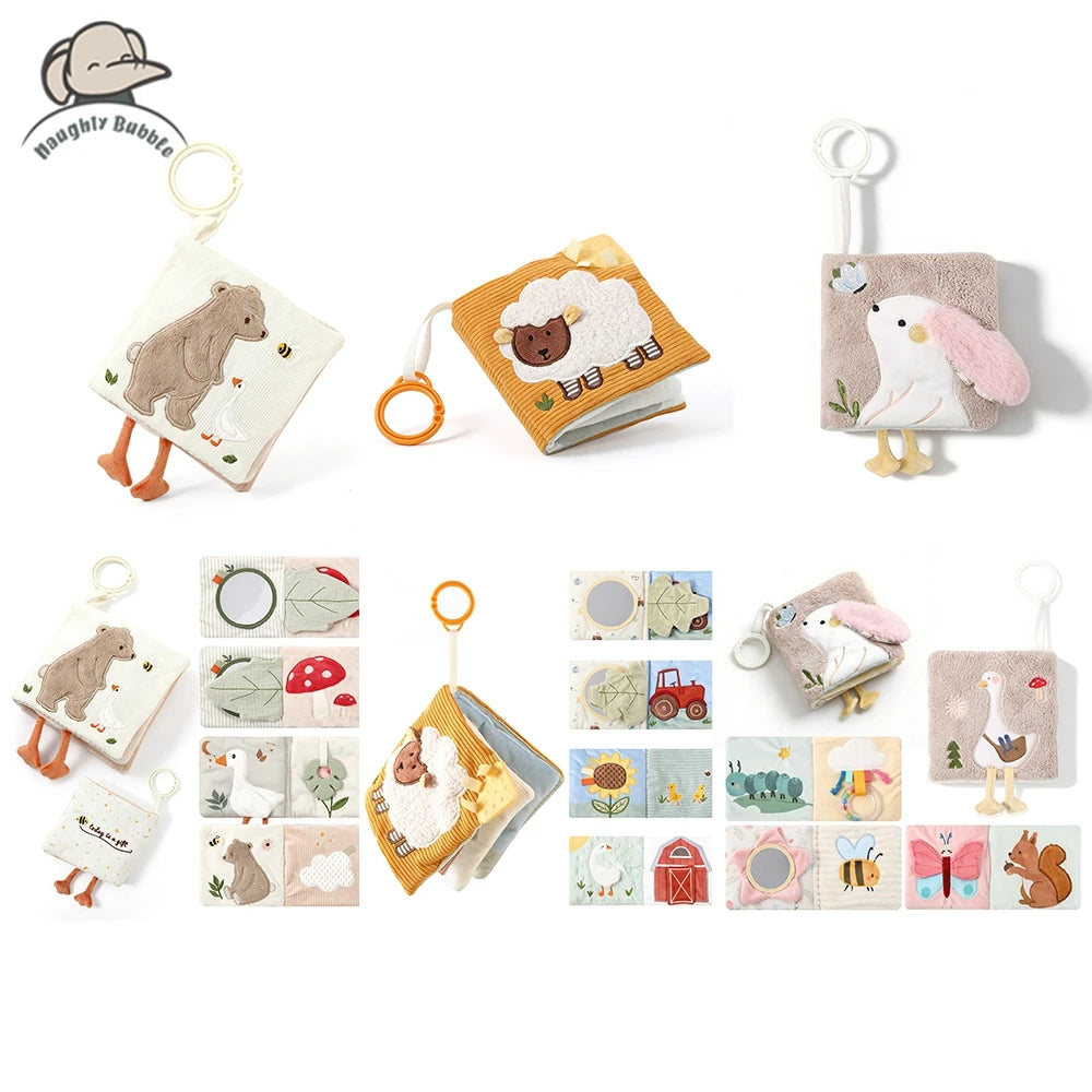 Baby Cloth Book with Bear & Goose, Sensory Crinkle Activity Book with Mirror, Teether, and Hanging Ring, Early Educational Toys