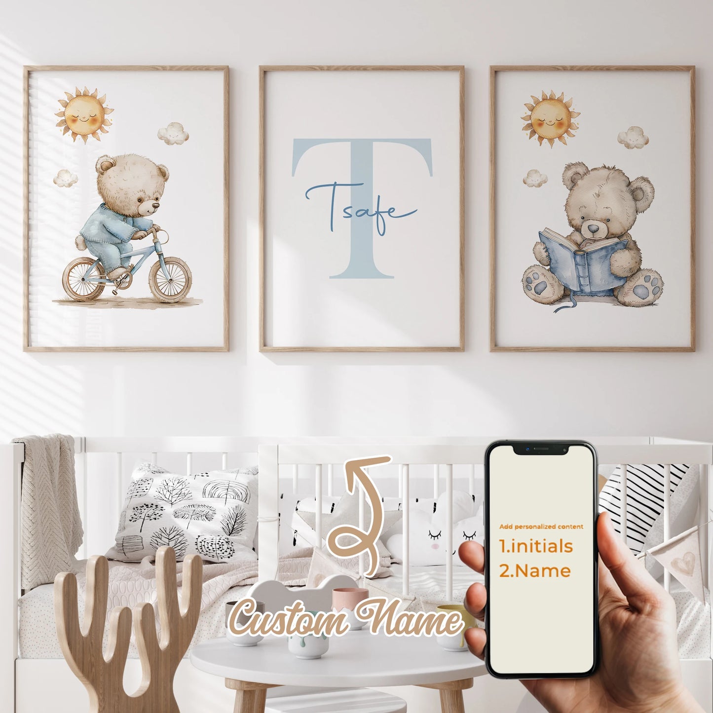 3pcs Personalized Custom Name Cartoon Blue Teddy Bear Wall Art Print Picture Canvas Poster Painting For Living Room Home Decor