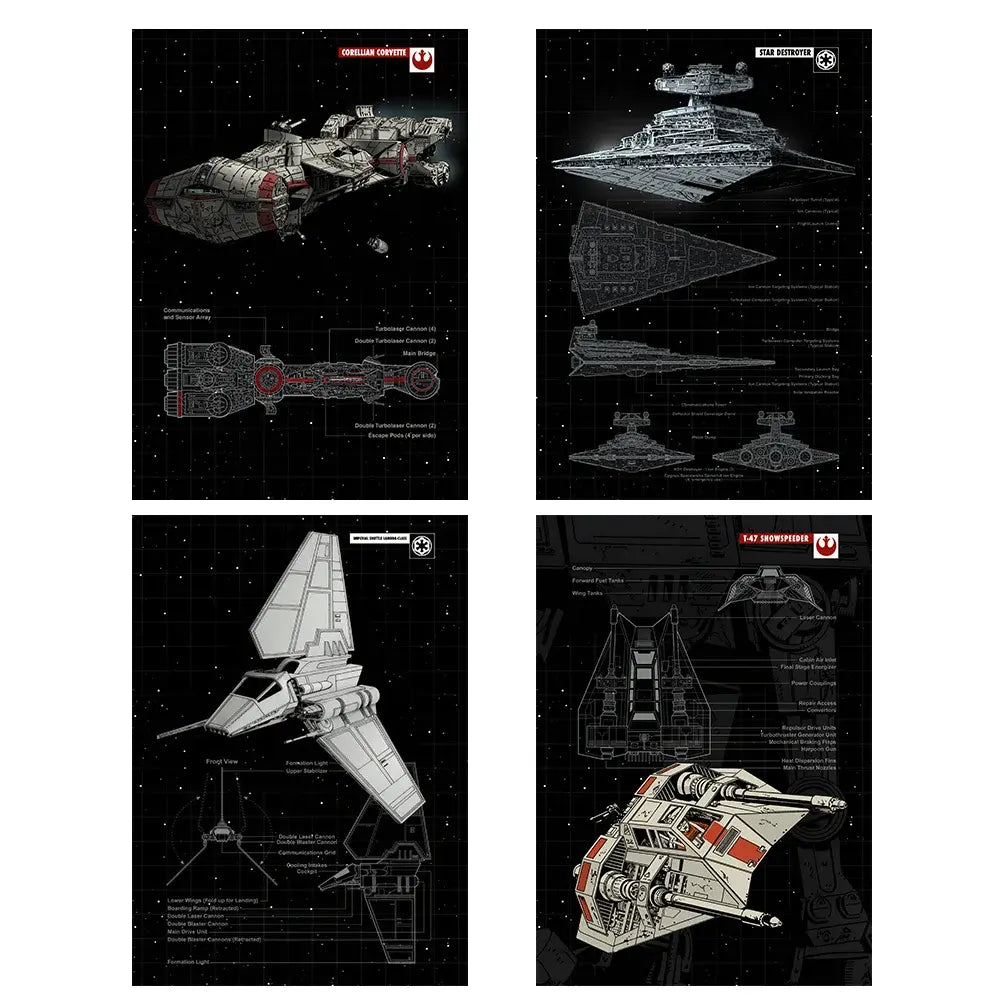 Star Wars spaceship blueprints: Corellian Corvette, Star Destroyer, T-47 Snowspeeder, and Imperial Shuttle