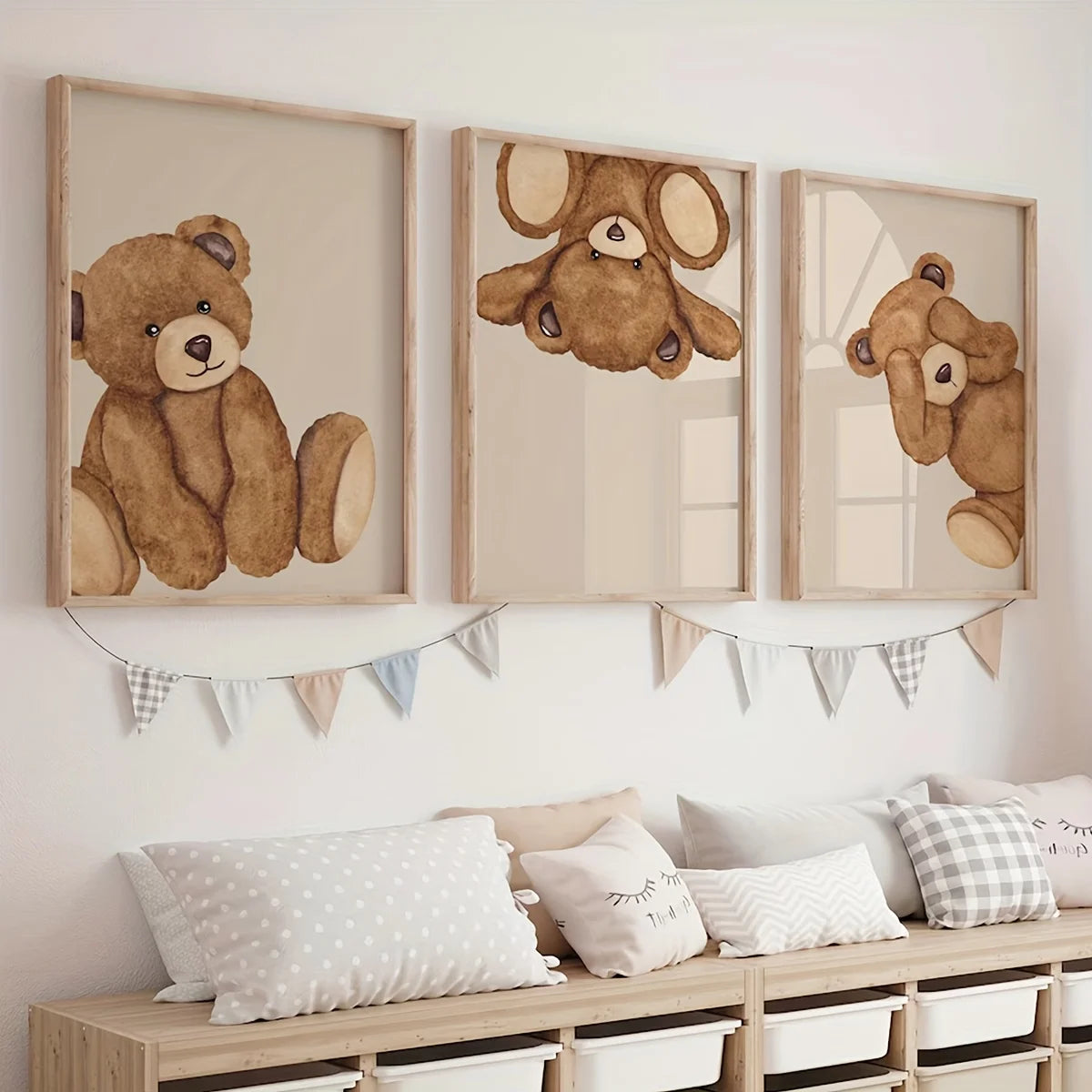 3pcs/set Bear Cartoon Animal Canvas Print Retro Beige Bear Teddy Wall Art Poster for Modern Living Room Bedroom Home Decor Gift
