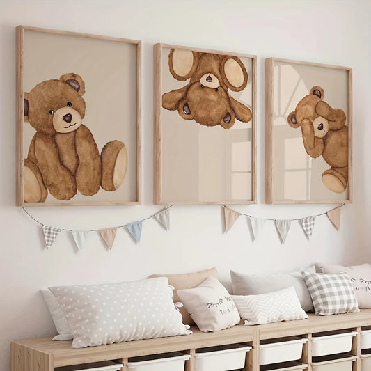 3pcs/set Bear Cartoon Animal Canvas Print Retro Beige Bear Teddy Wall Art Poster for Modern Living Room Bedroom Home Decor Gift