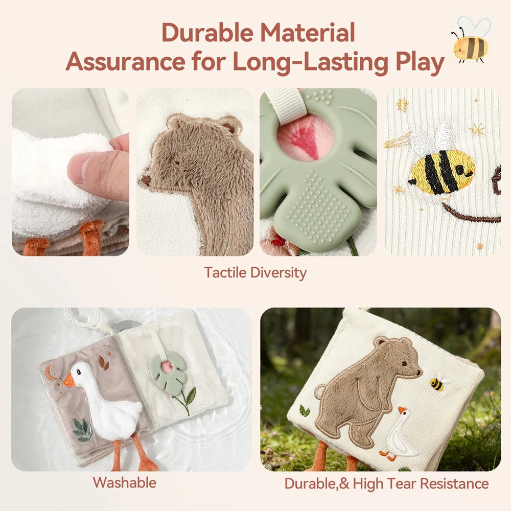 Baby Cloth Book with Bear & Goose, Sensory Crinkle Activity Book with Mirror, Teether, and Hanging Ring, Early Educational Toys