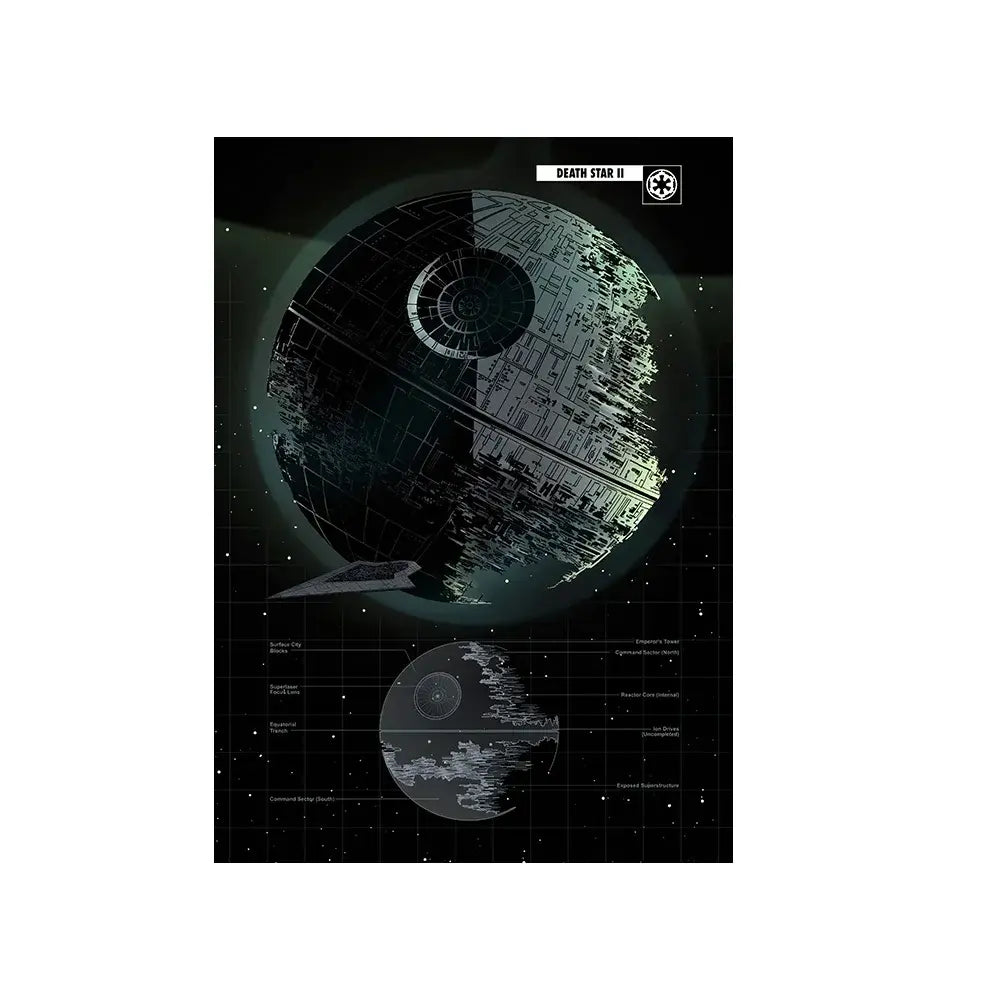 Death Star II digital art print with technical schematics, space background, perfect for sci-fi home decor