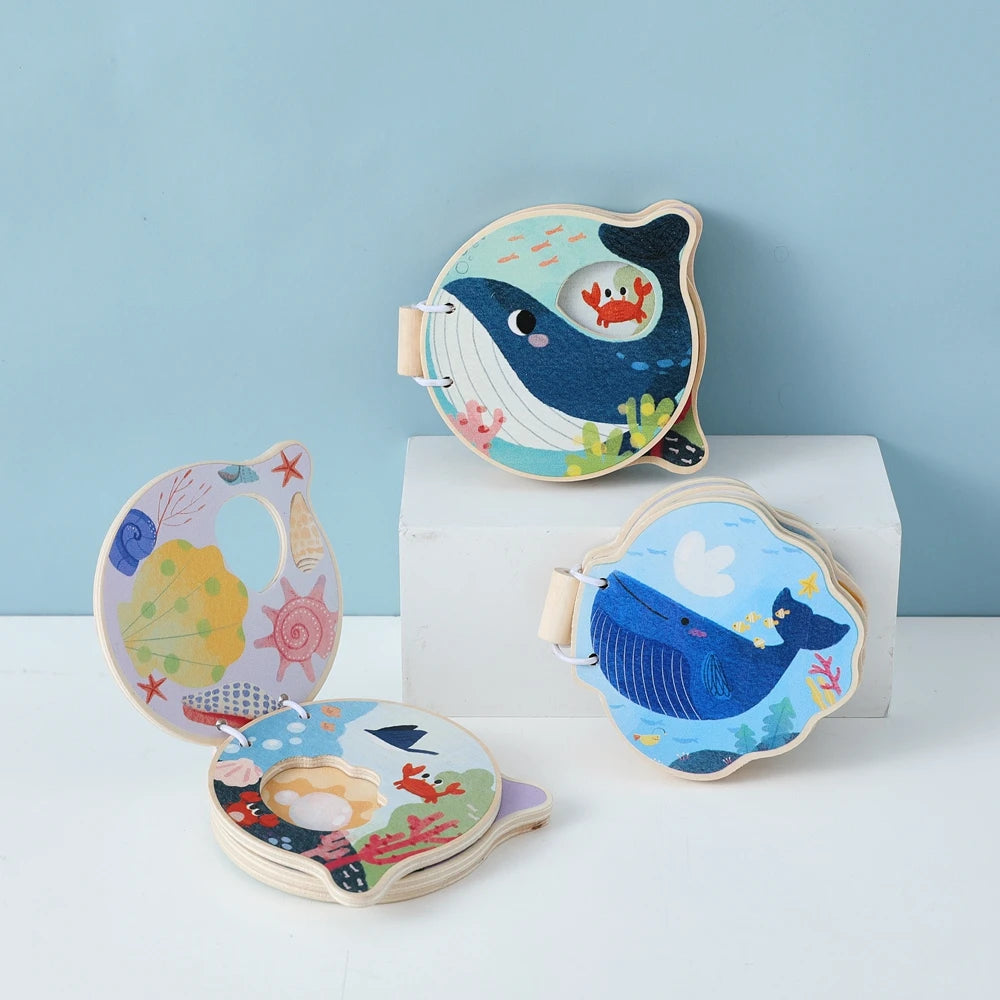 Baby Wooden Book Early Educational Toys Enlightenment Readings Montessori Marine Animals Illustration Cognitive Book for Toddler