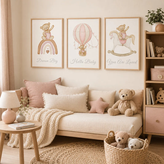 Nursery Inspirational Wall Art, Cute Teddy Bear Adventure Canvas Painting, Animal Poster Print for Baby, Toddler Kids Room Decor