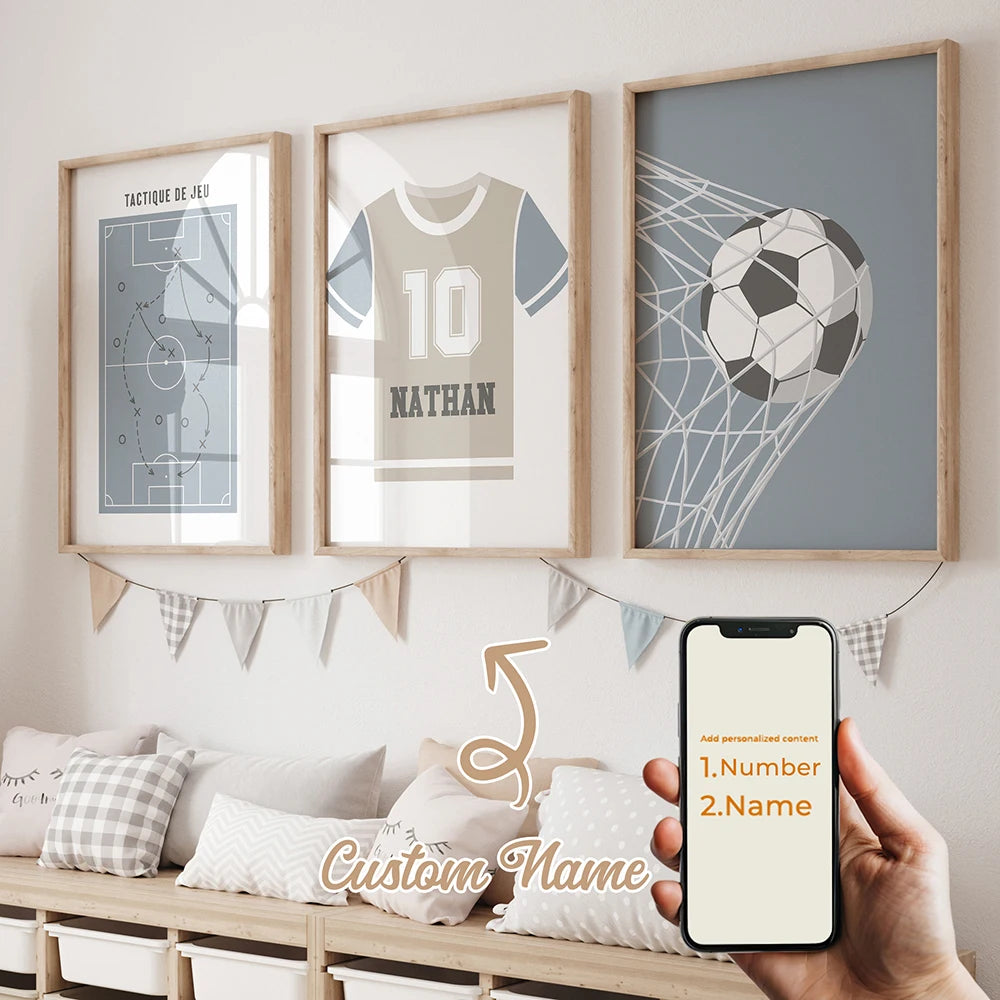 3pcs Personalized Custom Name Cartoon football Wall Art Print Picture Canvas Poster Painting For Living Room Home Decor