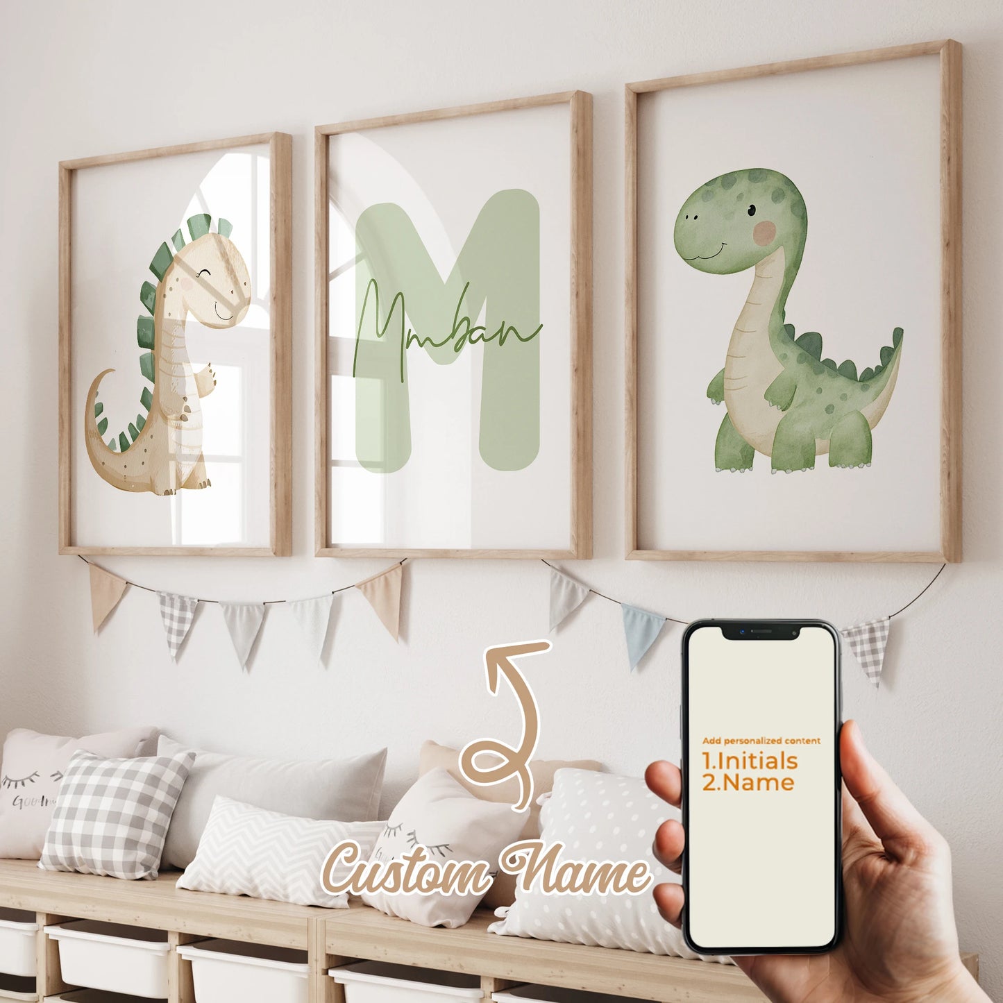 3pcs Personalized Custom Name Cartoon dinosaur Wall Art Print Picture Canvas Poster Painting For Living child Room Home Decor