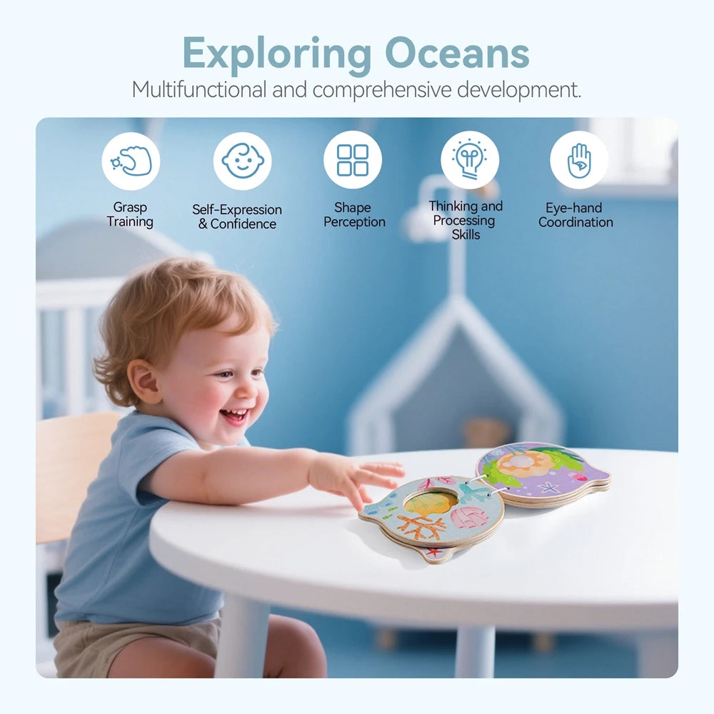 Baby Wooden Book Early Educational Toys Enlightenment Readings Montessori Marine Animals Illustration Cognitive Book for Toddler