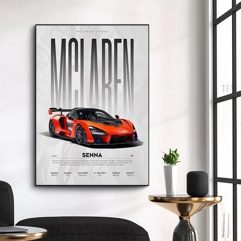 McLaren Senna supercar art print for modern home decor, featuring bold typography and performance specs