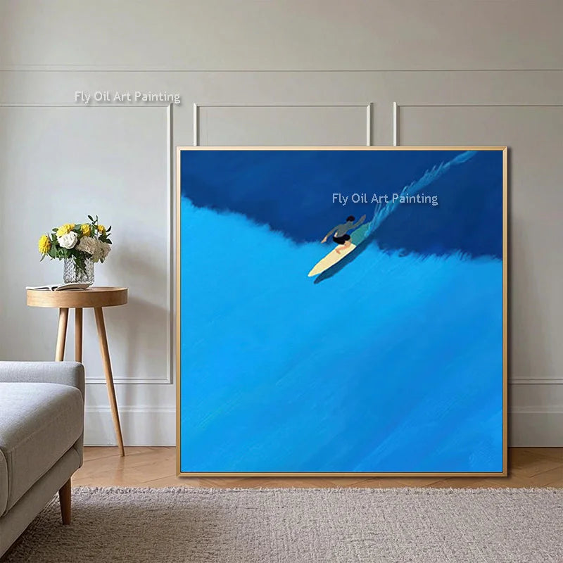 Original Blue Green People Set Sail Wall Art Decor For Room Handpainted Light Blue Seascape Fashion Oil Painting Canvas Art