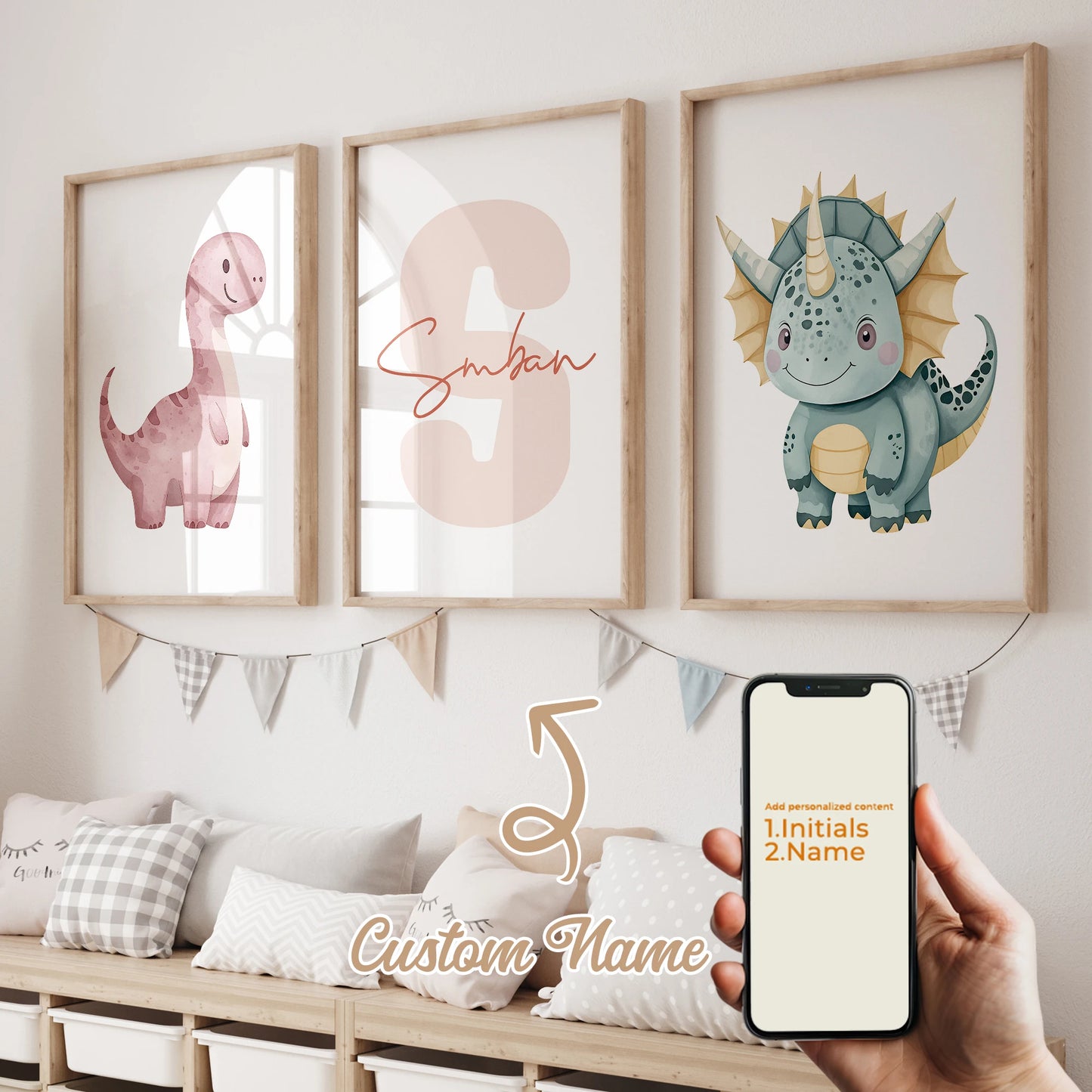 3pcs Personalized Custom Name Cartoon dinosaur Wall Art Print Picture Canvas Poster Painting For Living child Room Home Decor