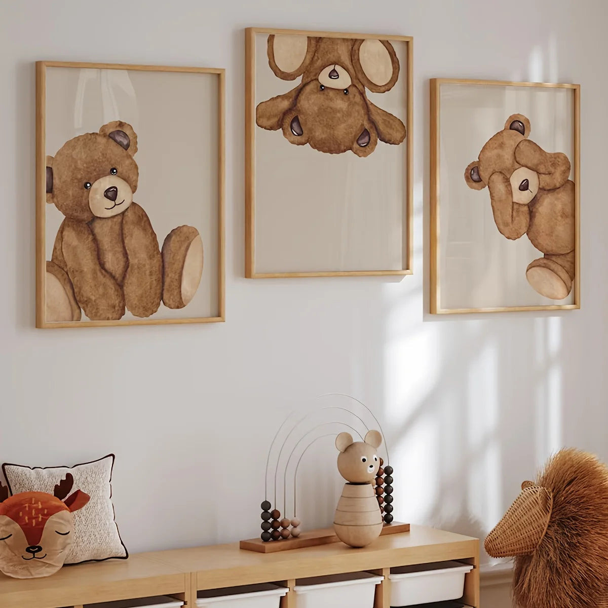 3pcs/set Bear Cartoon Animal Canvas Print Retro Beige Bear Teddy Wall Art Poster for Modern Living Room Bedroom Home Decor Gift