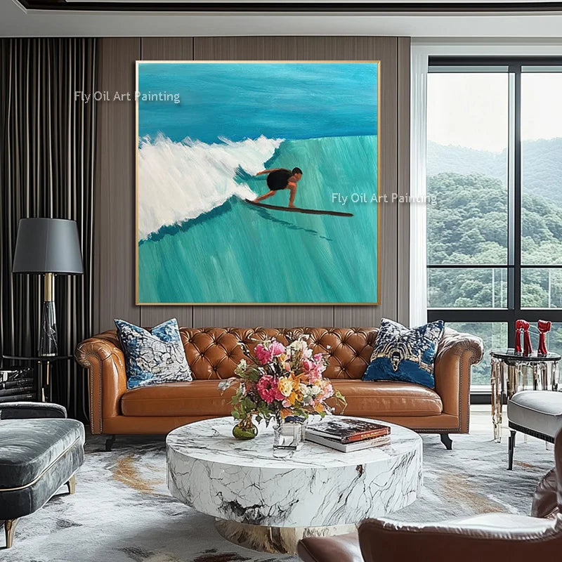 Original Blue Green People Set Sail Wall Art Decor For Room Handpainted Light Blue Seascape Fashion Oil Painting Canvas Art