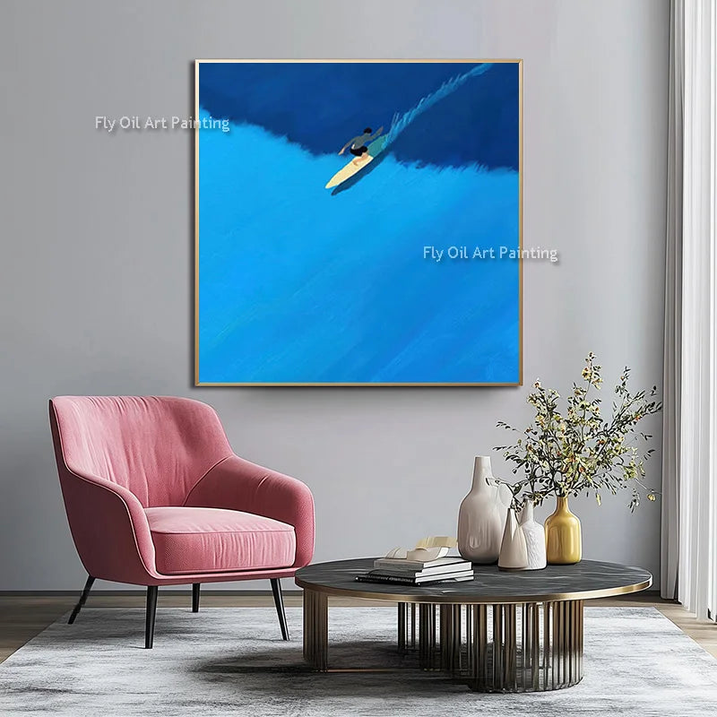 Original Blue Green People Set Sail Wall Art Decor For Room Handpainted Light Blue Seascape Fashion Oil Painting Canvas Art