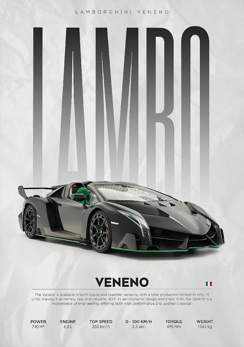 Lamborghini Veneno digital art print with specs, sleek black supercar, green accents, instant download for home decor