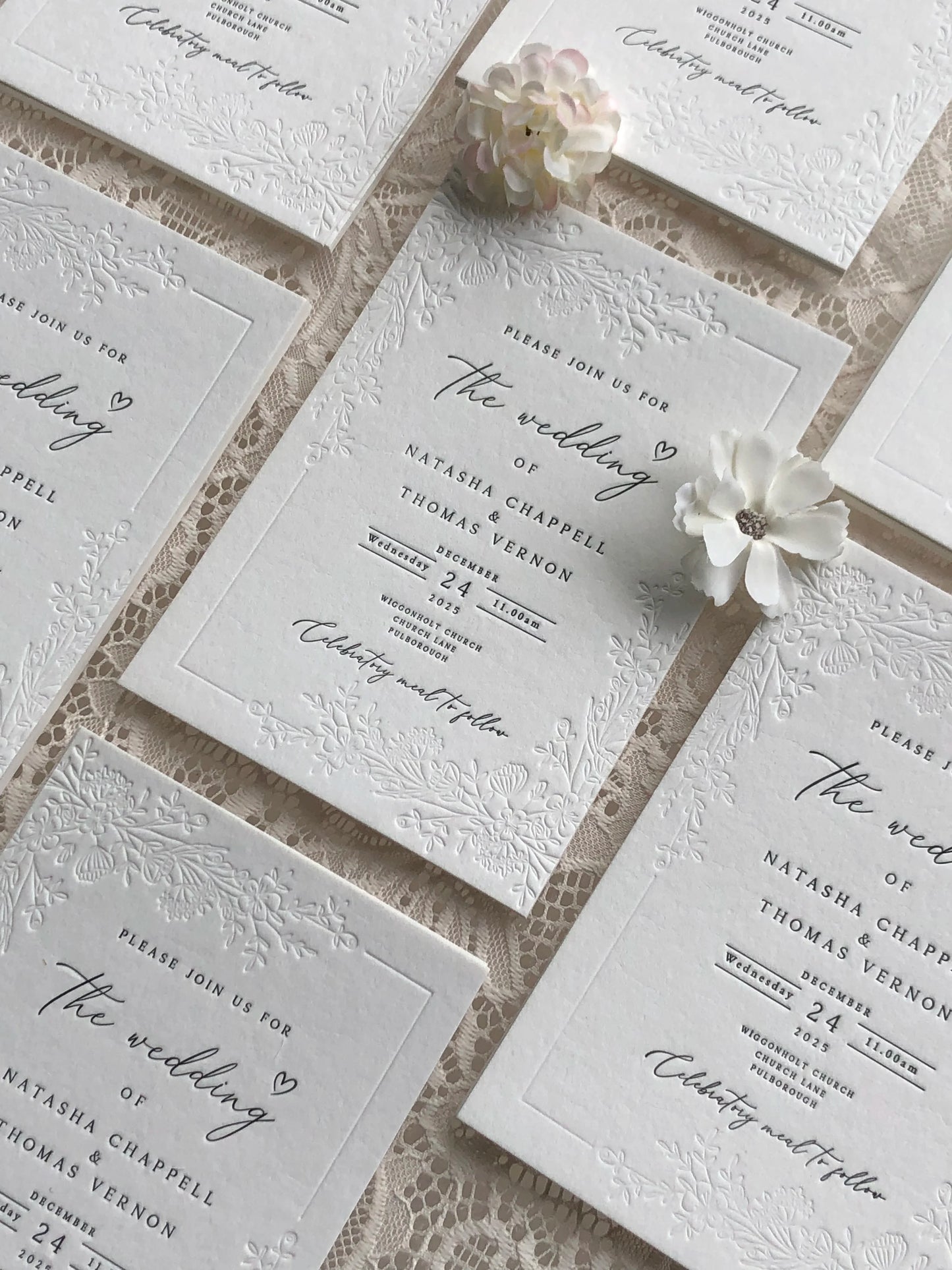 30pcs Personalized Wedding Invitations,Embossed Wedding Cards,450gsm Handmade Paper,Letterpress Embossing Floral Design