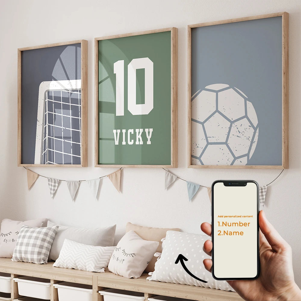 3pcs Personalized Custom Name Cartoon football Wall Art Print Picture Canvas Poster Painting For Living Room Home Decor