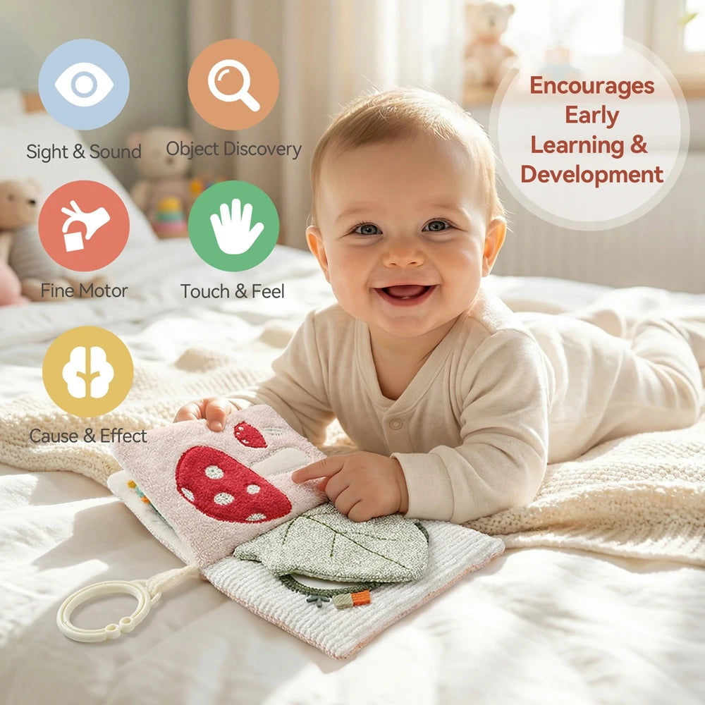 oft Baby Cloth Book with Bear & Goose, Sensory Crinkle Activity Book with Mirror, Teether, and Hanging Ring, Early Educational T