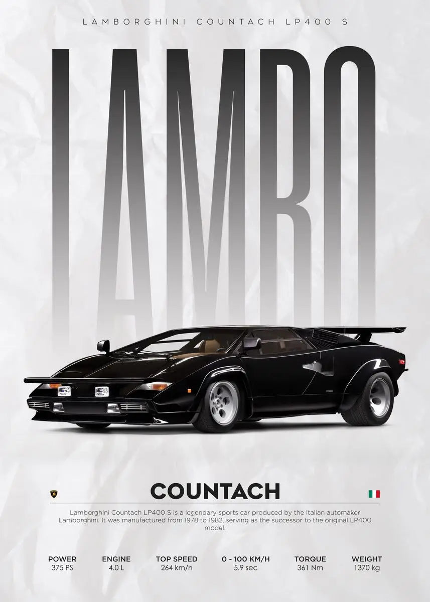 Black Lamborghini Countach LP400 S poster with specs, ideal for car enthusiasts and modern home decor
