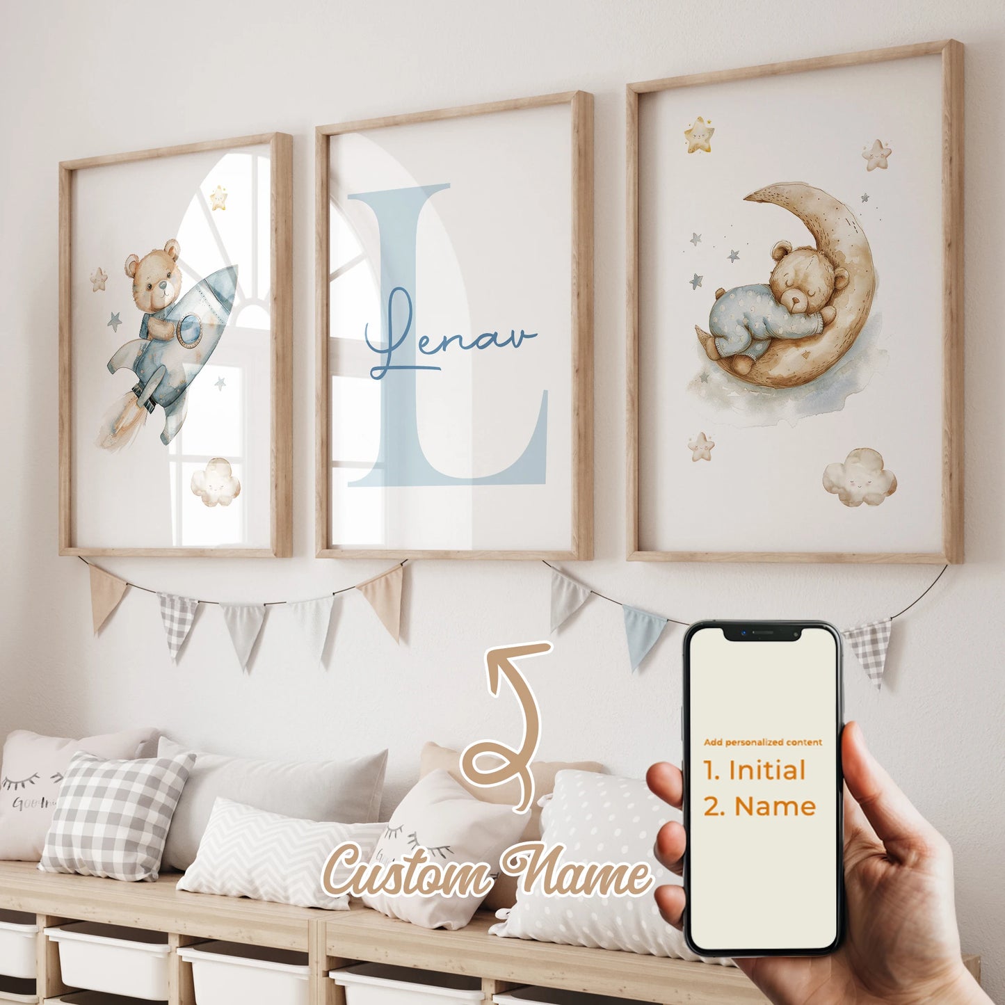 3pcs Personalized Custom Name Cartoon Blue Teddy Bear Wall Art Print Picture Canvas Poster Painting For Living Room Home Decor