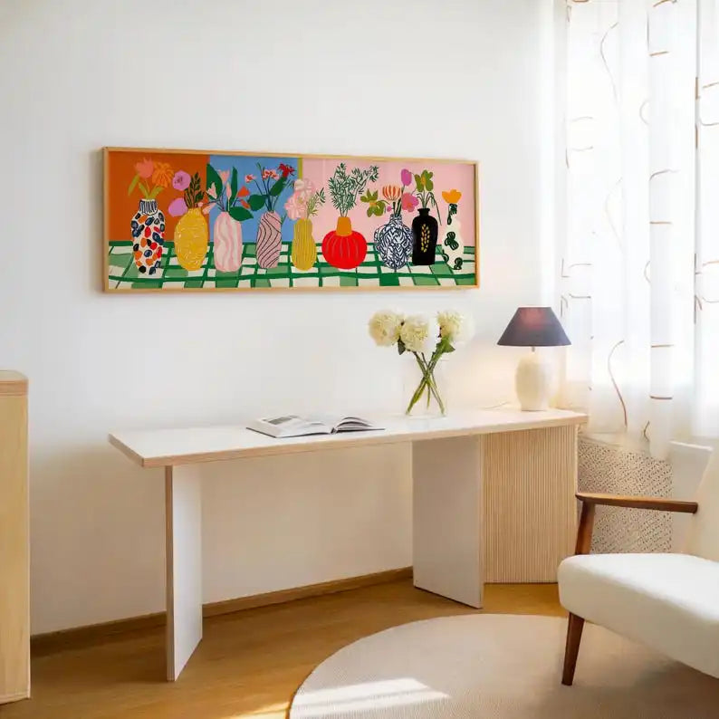 Large Abstract Matisse Style Floral Panoramic Canvas Prints, Unframed Modern Vase Canvas Wall Art for Living Room, Bedroom Decor