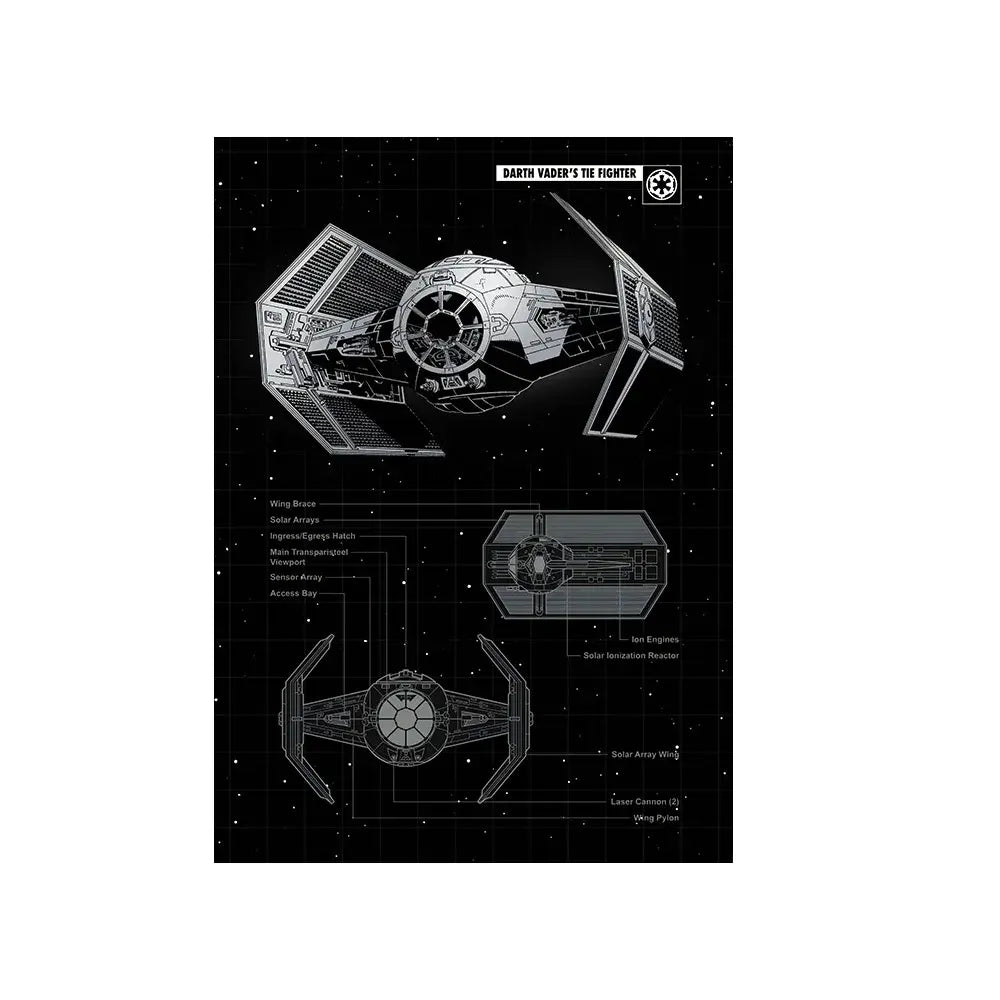 Darth Vader's TIE Fighter blueprint art print with technical schematics, perfect for Star Wars fans and home decor