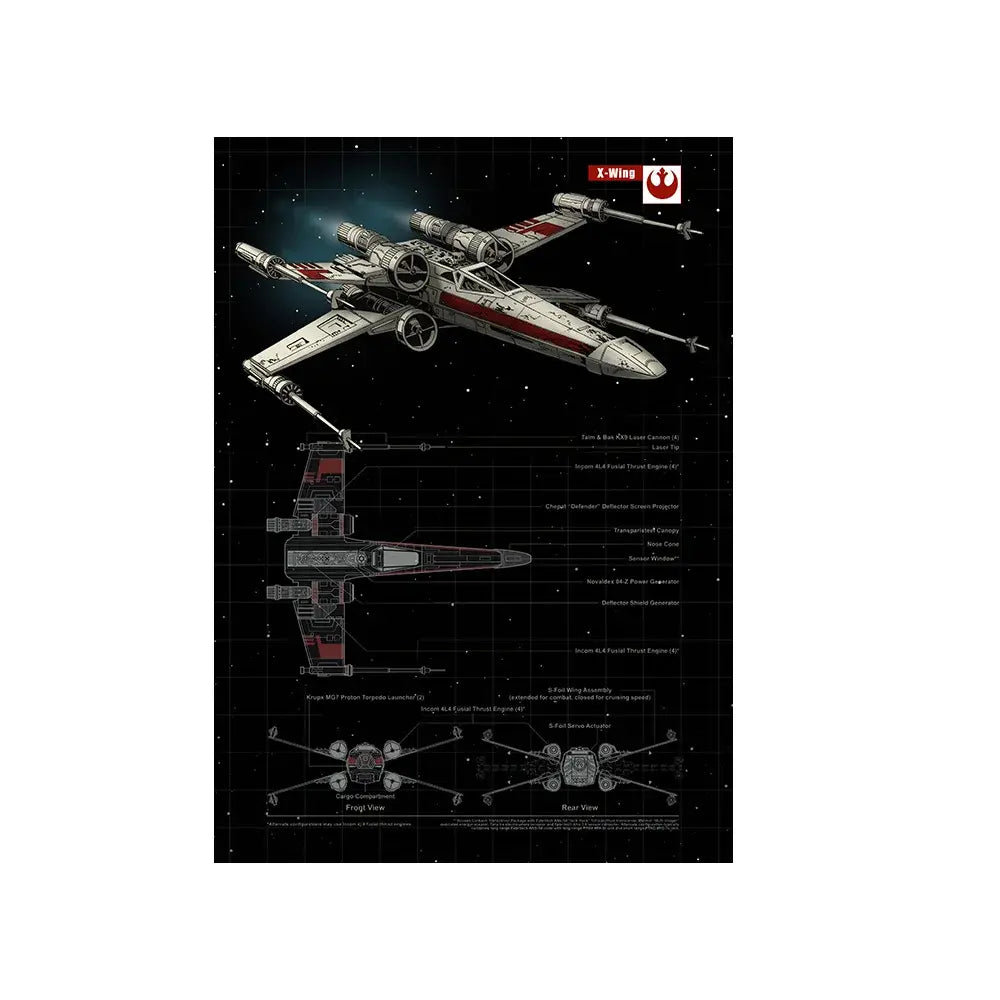 X-Wing starfighter blueprint art print with technical schematics, perfect for sci-fi fans and home decor