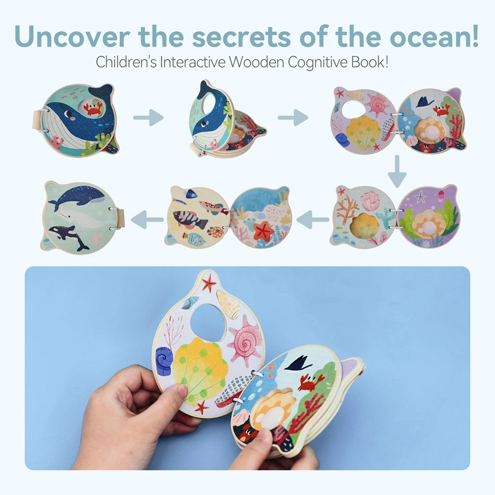 Baby Wooden Book Early Educational Toys Enlightenment Readings Montessori Marine Animals Illustration Cognitive Book for Toddler
