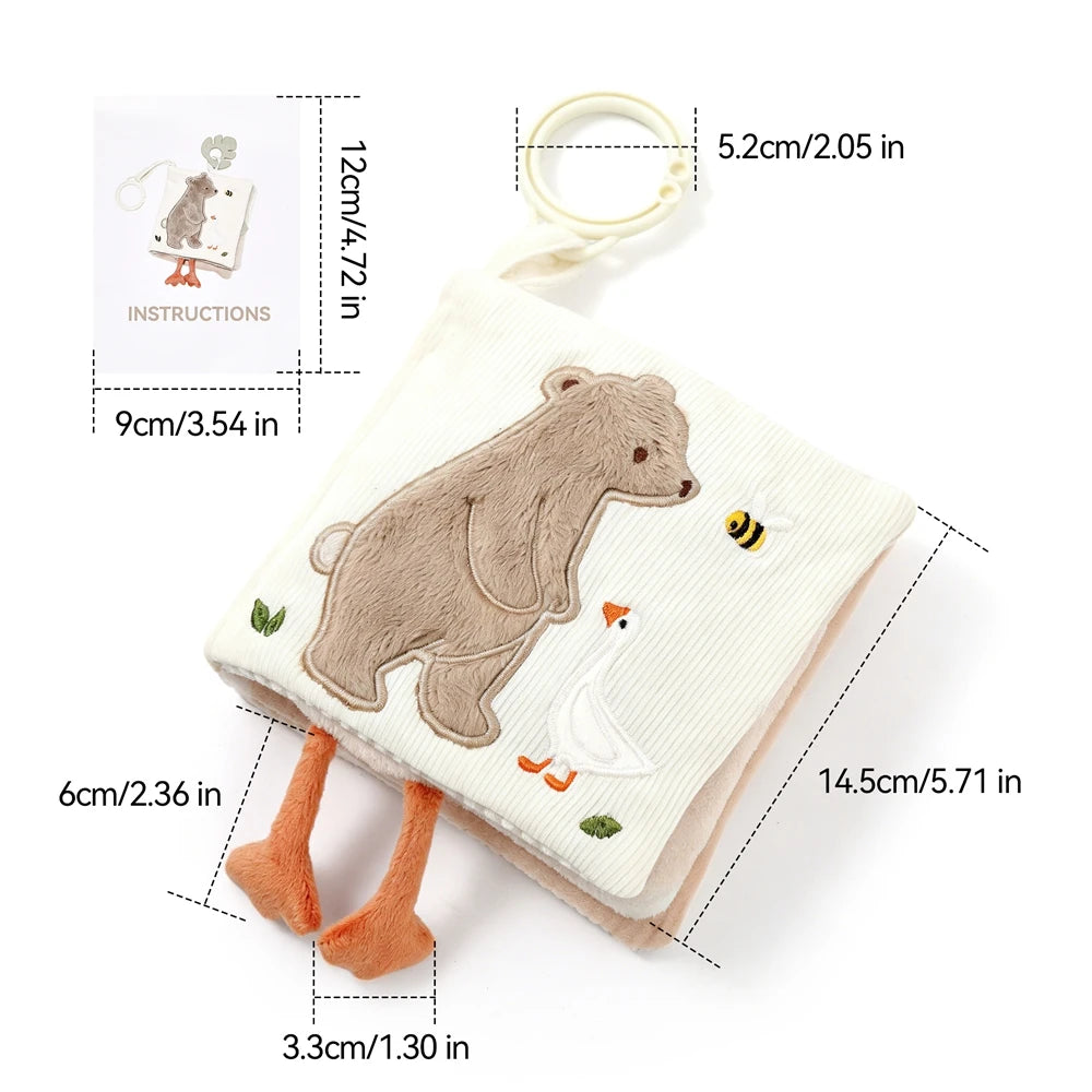 Baby Cloth Book with Bear & Goose, Sensory Crinkle Activity Book with Mirror, Teether, and Hanging Ring, Early Educational Toys