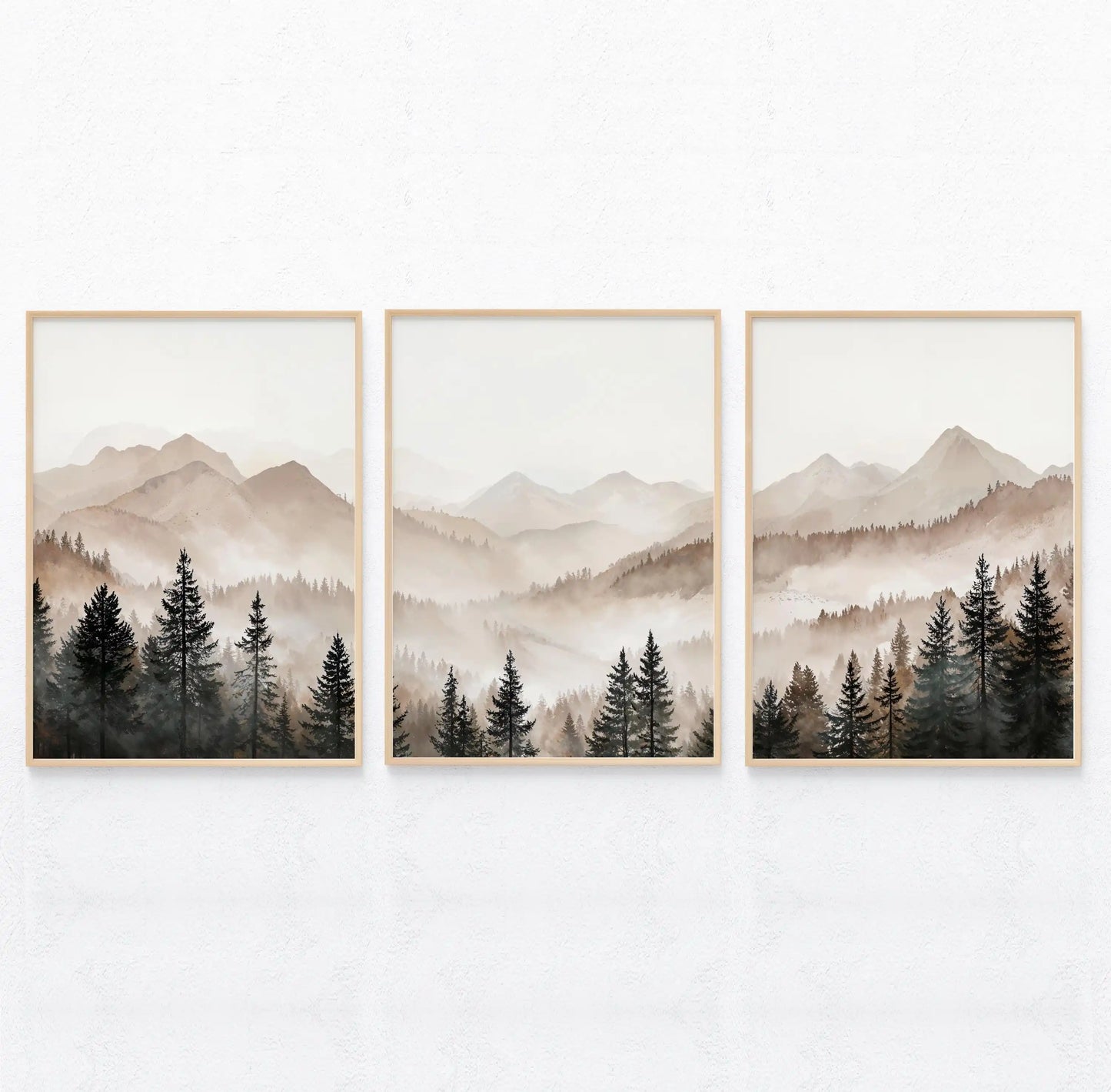 Abstract Forest Mountains Triptych Art Minimalist Modern Foggy Landscape Prints Set of 3 Printable Neutral Nature Wall Art Gift