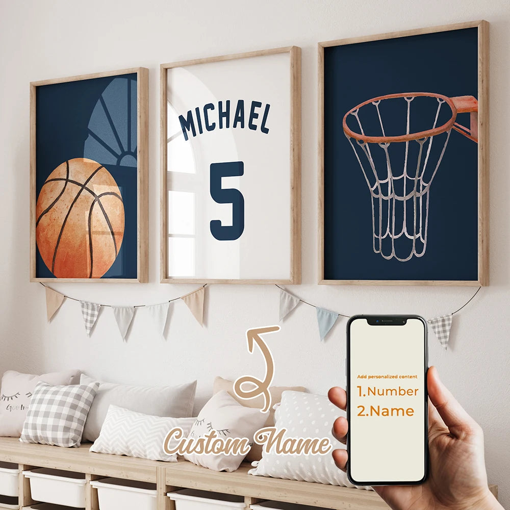 3pcs Personalized Custom Name Cartoon basketball Wall Art Print Picture Canvas Poster Painting For Living Room Home Decor