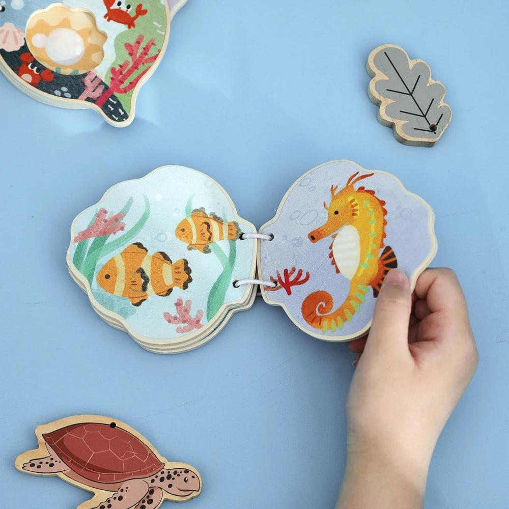 Baby Wooden Book Early Educational Toys Enlightenment Readings Montessori Marine Animals Illustration Cognitive Book for Toddler