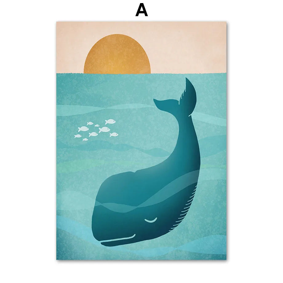 Blue Ocean Sun Fish Whale Lighthouse Nursery Wall Art Canvas Painting Posters And Prints Wall Pictures Baby Room Bedroom Decor