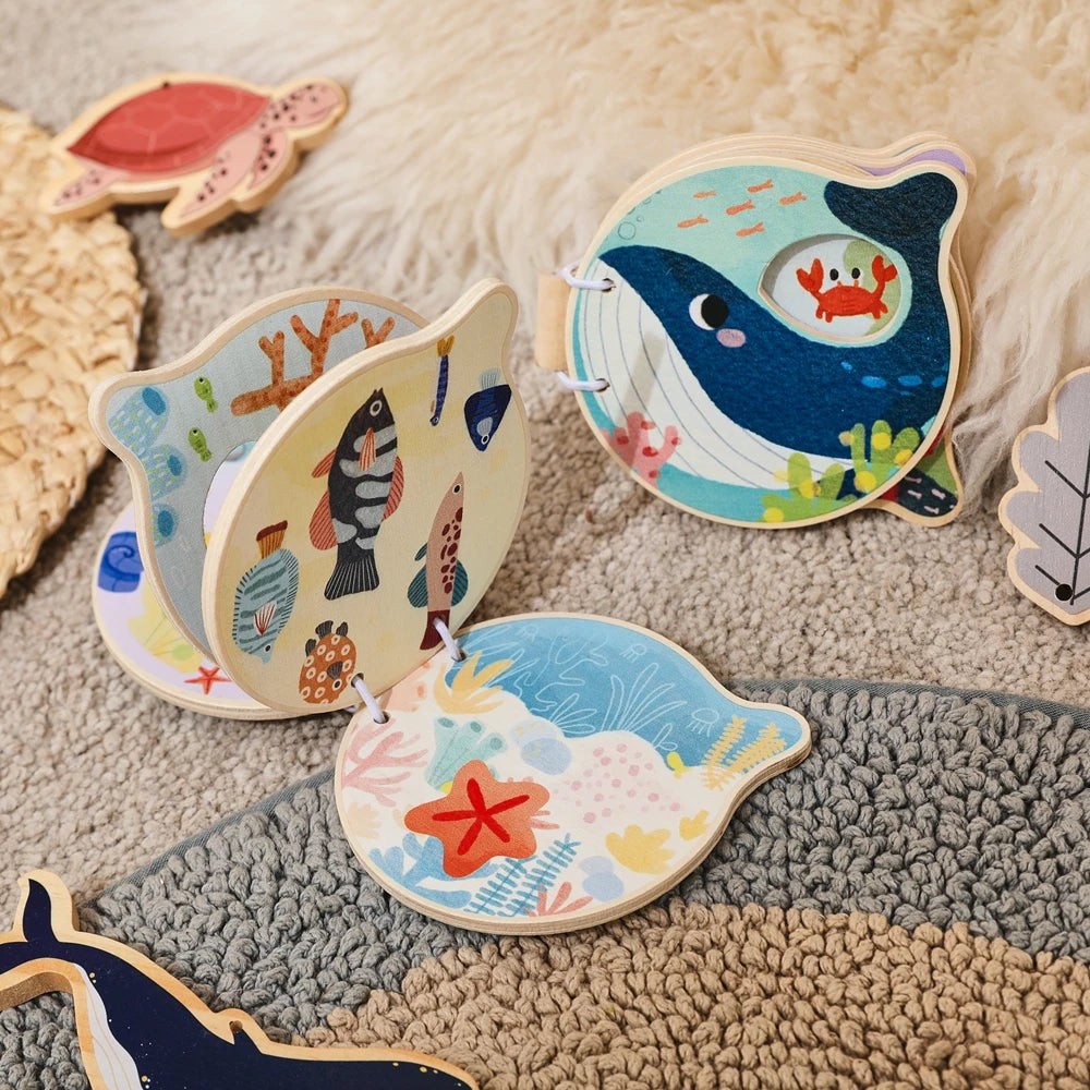 Baby Wooden Book Early Educational Toys Enlightenment Readings Montessori Marine Animals Illustration Cognitive Book for Toddler