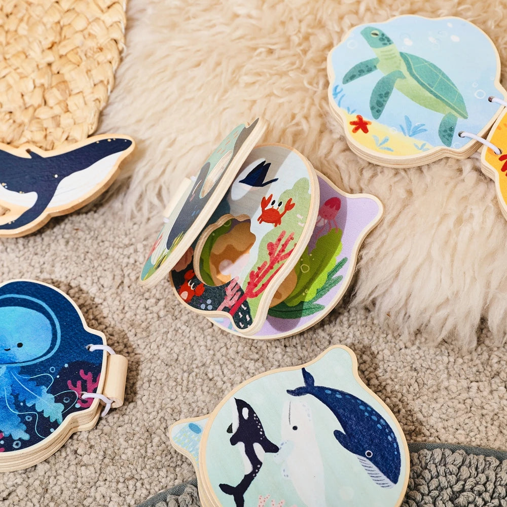 Baby Wooden Book Early Educational Toys Enlightenment Readings Montessori Marine Animals Illustration Cognitive Book for Toddler