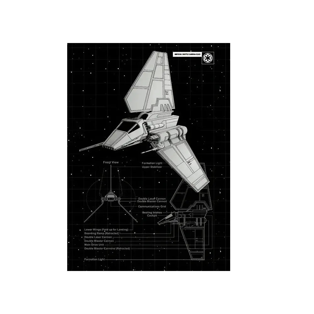Imperial Shuttle Lambda-Class blueprint art print with starship diagram and labels for home decor