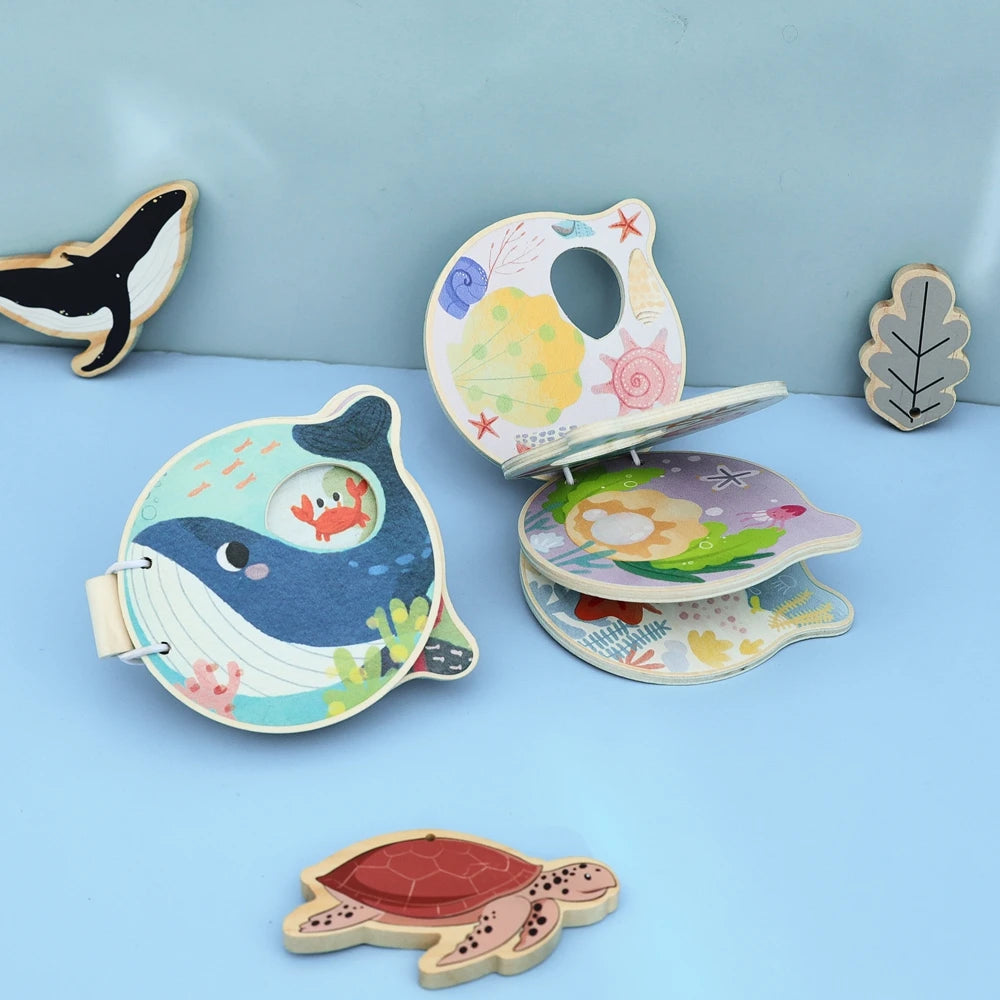 Baby Wooden Book Early Educational Toys Enlightenment Readings Montessori Marine Animals Illustration Cognitive Book for Toddler