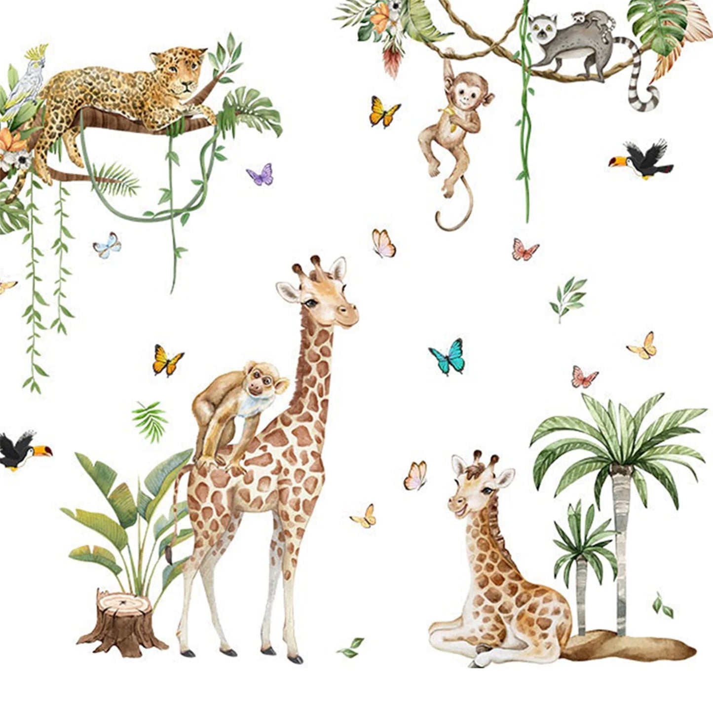 Woodland Animal Wall Decals featuring giraffes, monkeys, and leopards for kids' nurseries.