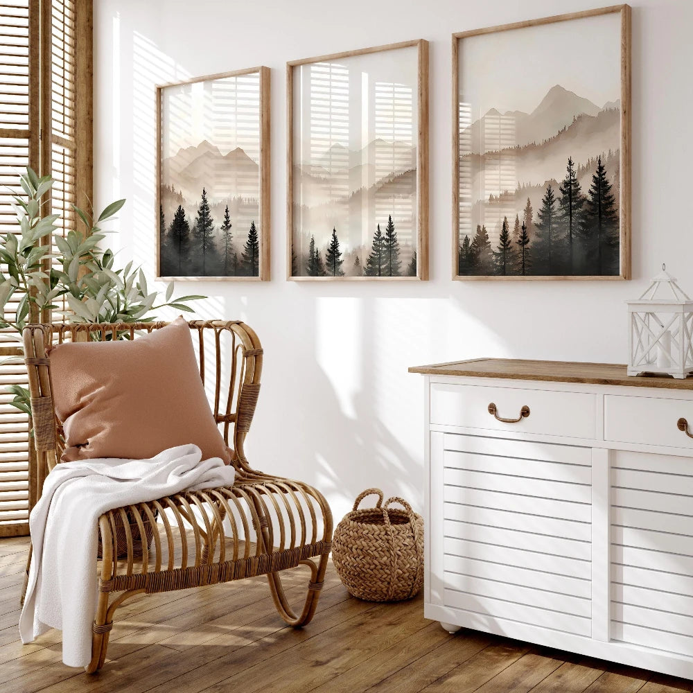 Abstract Forest Mountains Triptych Art Minimalist Modern Foggy Landscape Prints Set of 3 Printable Neutral Nature Wall Art Gift
