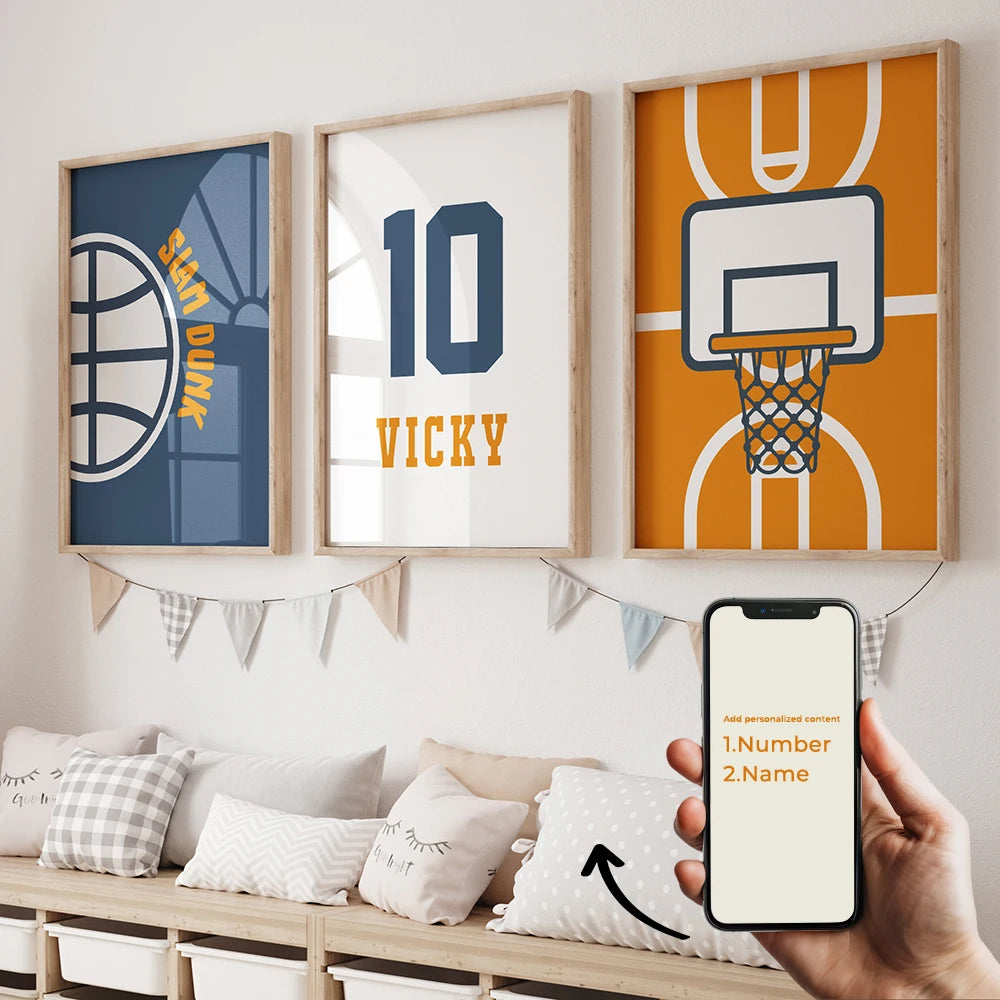 3pcs Personalized Custom Name Cartoon basketball Wall Art Print Picture Canvas Poster Painting For Living Room Home Decor
